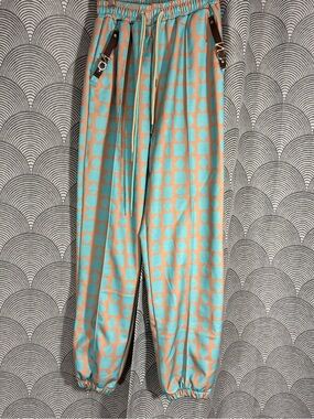 Aqua and Tan Geometric Jogger Pants
